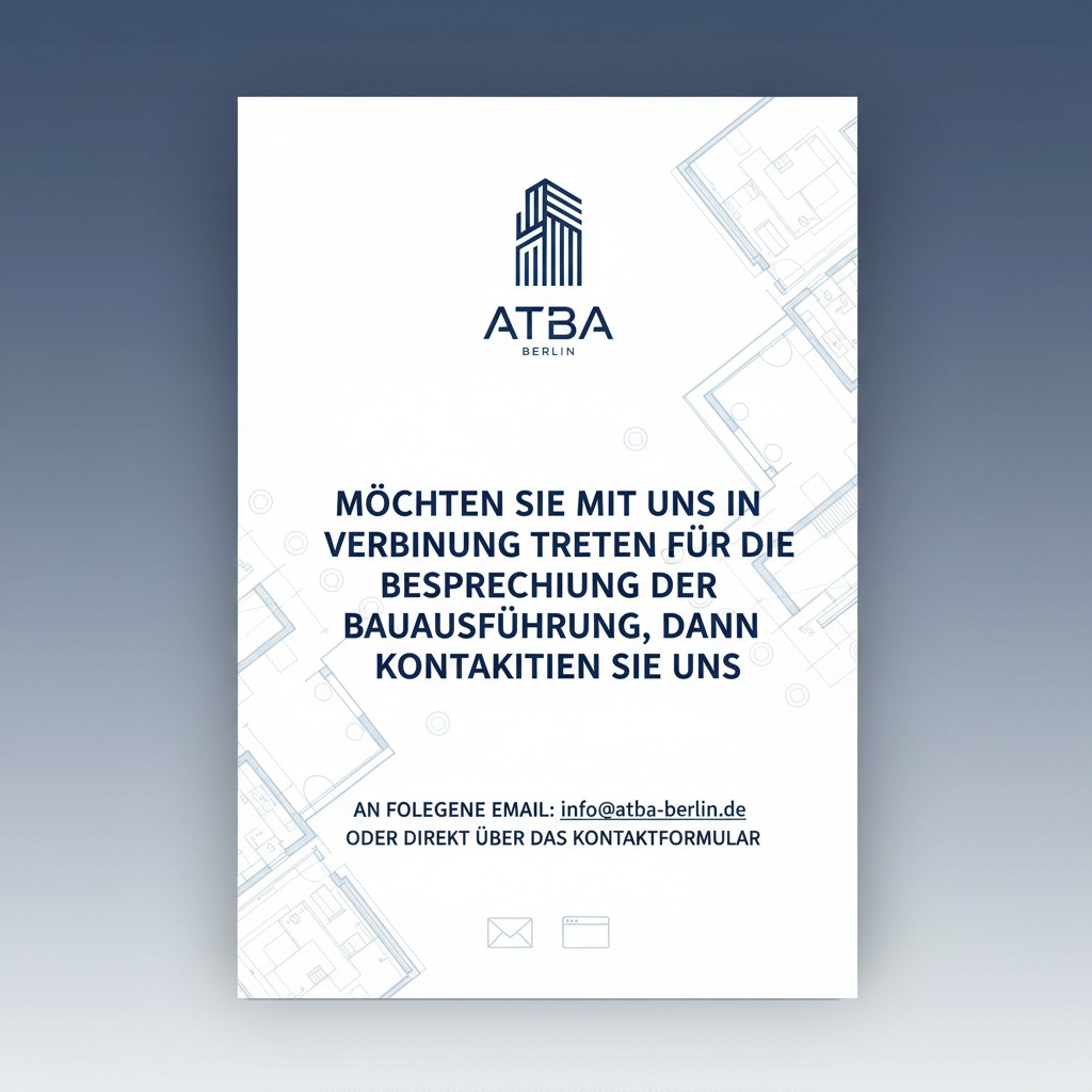 möchten Sie mit uns in Verbindung treten für die Besprechung der Bauausführung, dann kontaktieren Sie uns 
an folgende Email: info@atba-berlin.de oder direkt über das Kontaktformular und verwende unser Logo